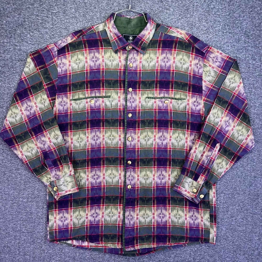 Thunder Flannel Shirt Mens L Green Plaid Geometric Casual Aztec Southwestern